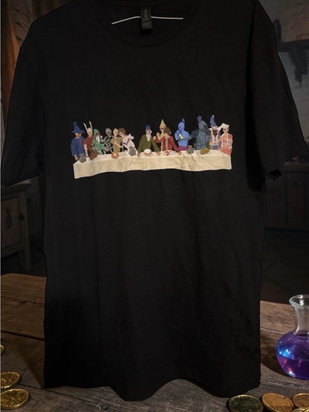 Black Graphic Short Sleeve Tee with Character Dinner Scene